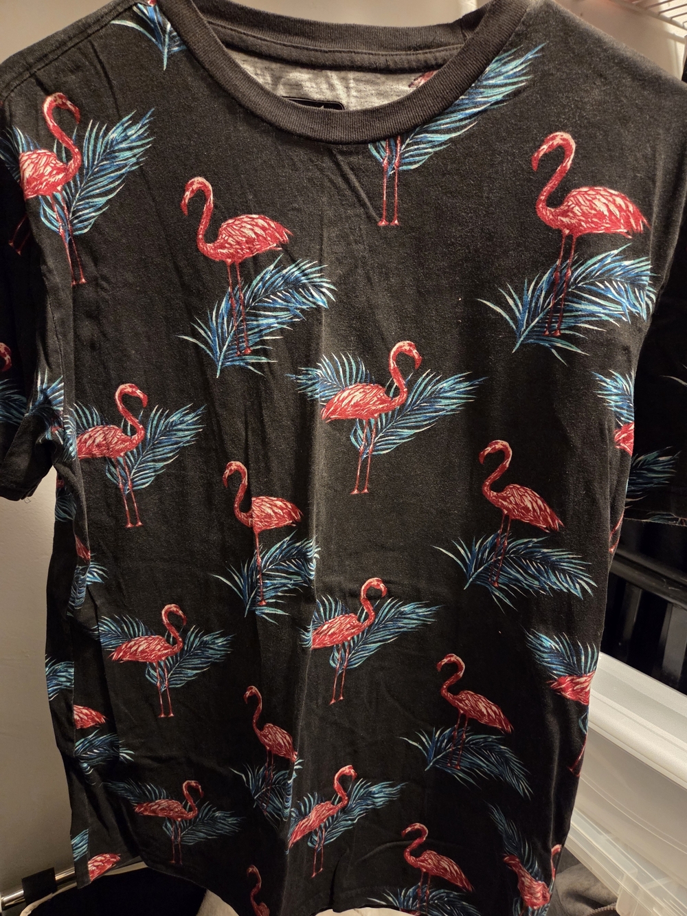Men's Black Short-Sleeve Tee with Red Flamingo Print